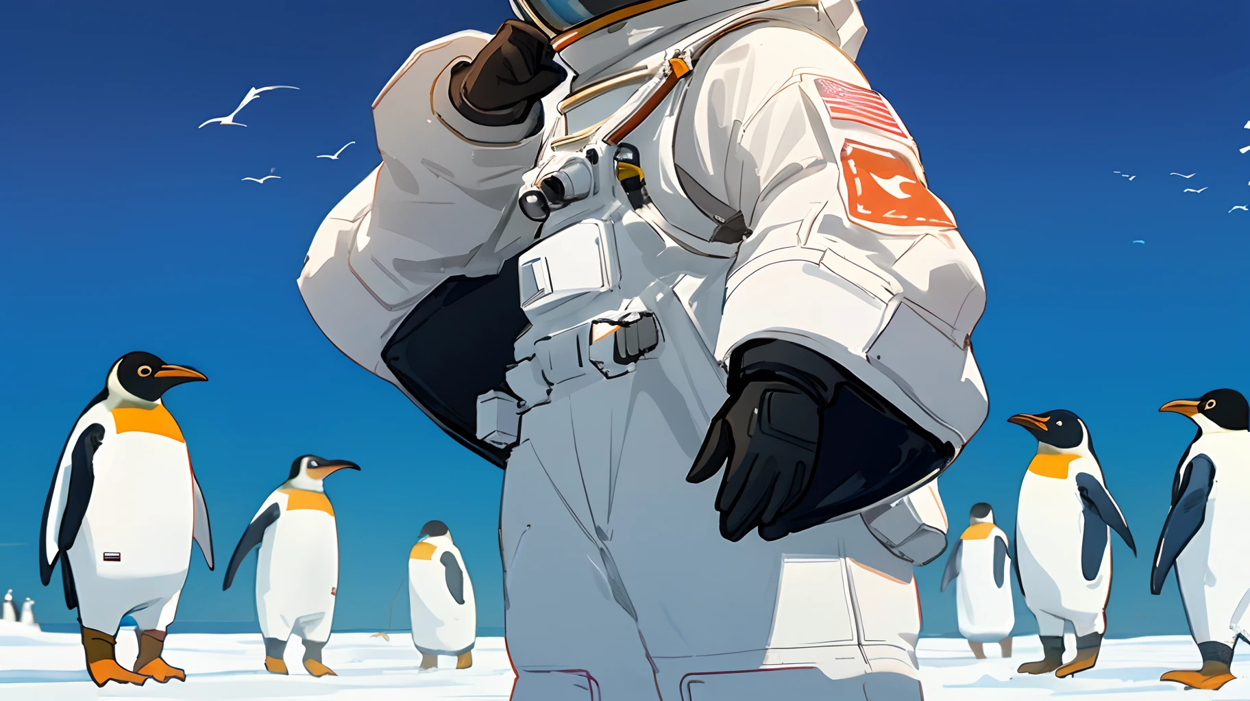 White astronaut standing next to a penguin