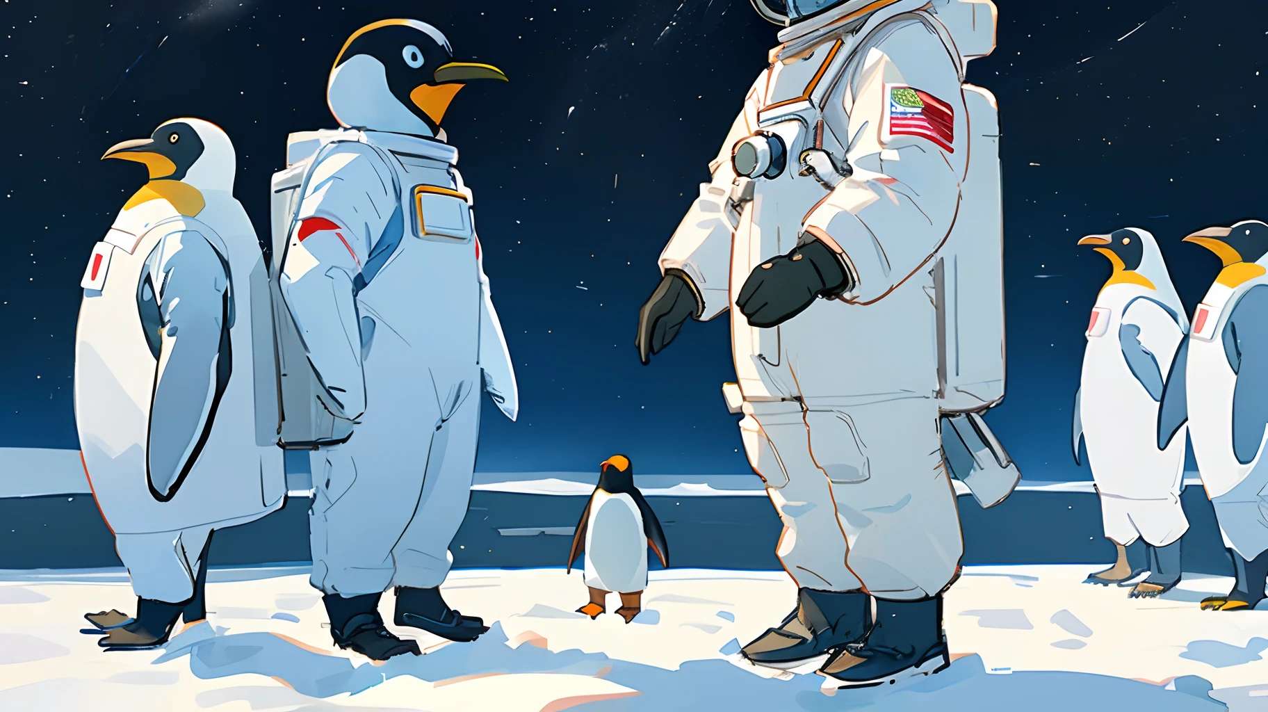 White astronaut standing next to a penguin