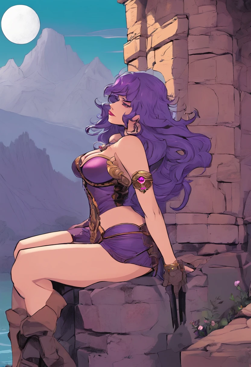 tall woman, with bluish skin, sitting on a stone throne inside a ruined castle, dominated by nature, poor lighting, gloomy place, She has a black iron crown With a purple jewel, His Expression is malicious, his eyes are purple, his lips have black lipstick, She is wearing a special type of clothing, it is purple skin that covers her entire body, this skin that covers her body is dark purple, he She has dark pink hair, her appearance is evil, She is totally seductive, her breasts are big, big breasts, huge breasts, thick thighs, big thighs, thick body Big ass, big glutes, big ass, silicone, She is sitting in a teasing way, the ruined castle has a shadowy sphere, {Best quality} {Masterpiece} {frontal focus} {focus on the woman} {poor lighting} {sexy woman}