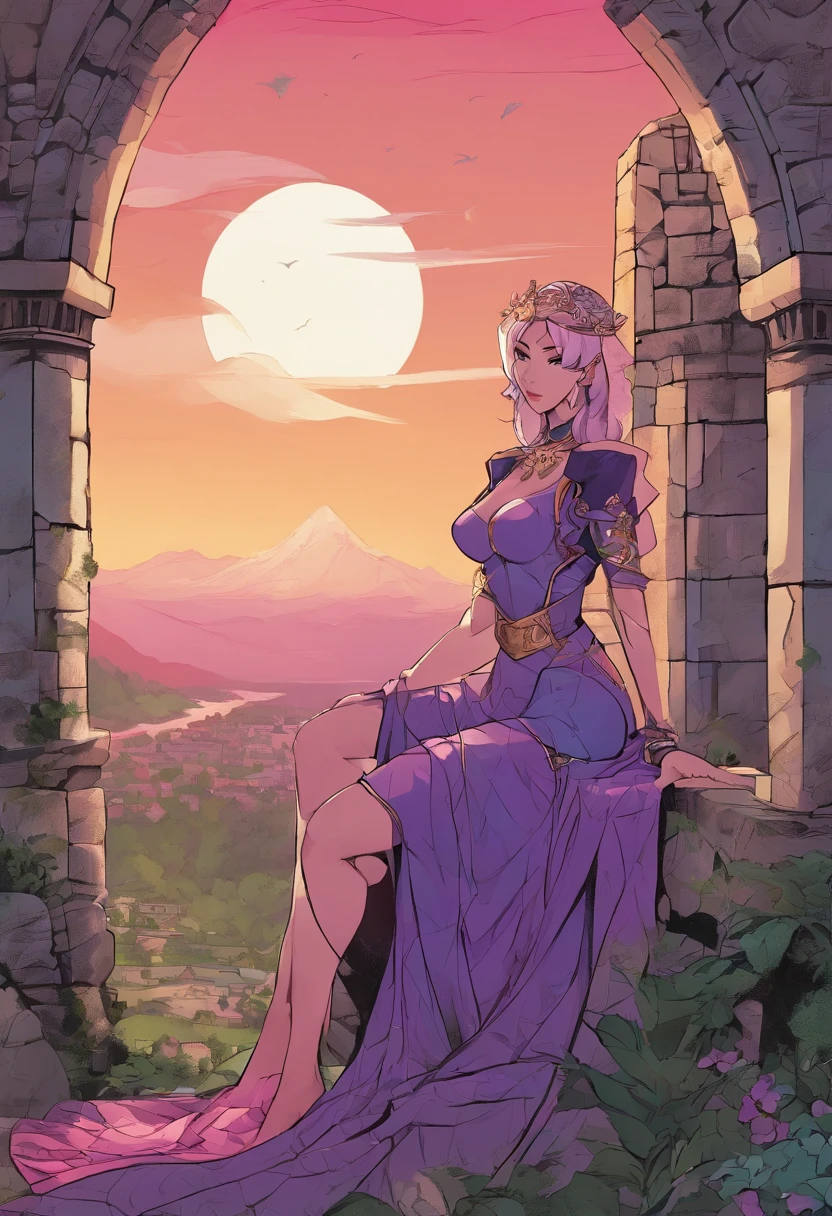 tall woman, with bluish skin, sitting on a stone throne inside a ruined castle, dominated by nature, poor lighting, gloomy place, She has a black iron crown With a purple jewel, His Expression is malicious, his eyes are purple, his lips have black lipstick, She is wearing a special type of clothing, it is purple skin that covers her entire body, this skin that covers her body is dark purple, he She has dark pink hair, her appearance is evil, She is totally seductive, her breasts are big, big breasts, huge breasts, thick thighs, big thighs, thick body Big ass, big glutes, big ass, silicone, She is sitting in a teasing way, the ruined castle has a shadowy sphere, {Best quality} {Masterpiece} {frontal focus} {focus on the woman} {poor lighting} {sexy woman}