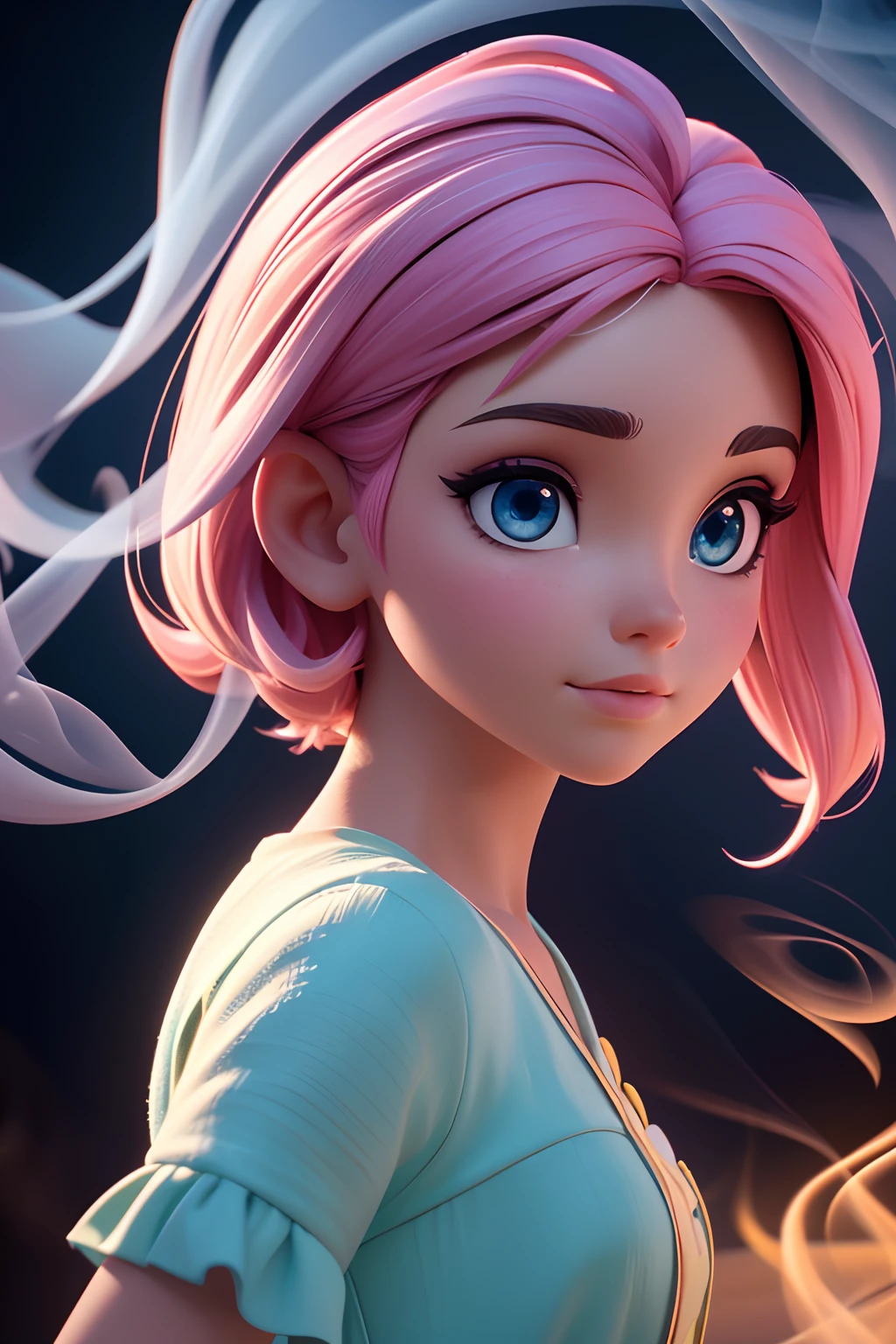(master part),((Alta qualidade d)),(melhor bonito:1.2),(obra de arte de um),((Face estereoscópica 3D)),8k,(Disney),Uma menina com um rosto bonito,Cabelo encaracolado amarelo,blush fraco,Usando um top de renda preto,Fique em um palco moderno,His eyes were focused on the distance,she's a singer,The background is blurry and mysterious,iluminado pela luz,Enchanted expression,artistic design,tridimensional,fotos em close-up,((The side is full of smoke)),