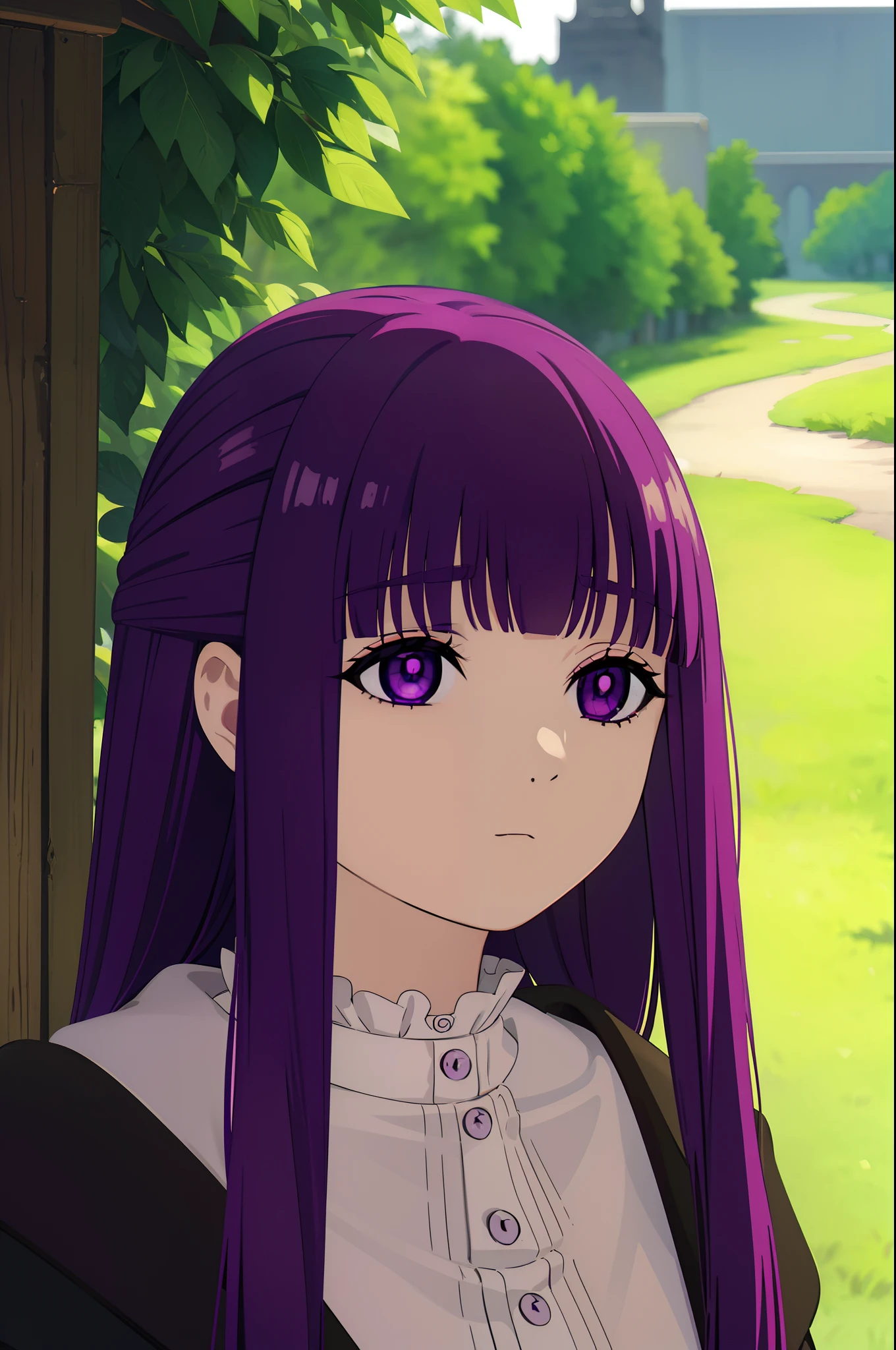 fern, long hair, bangs, (purple eyes:1.1), purple hair, mini skirt, thigh, thigh shot, outdoor, looking at viewer, selfie, selfie angle, from above, (masterpiece:1.2), best quality, high resolution, unity 8k wallpaper, (illustration:0.8), (beautiful detailed eyes:1.6), extremely detailed face, perfect lighting, extremely detailed CG, (perfect anatomy)