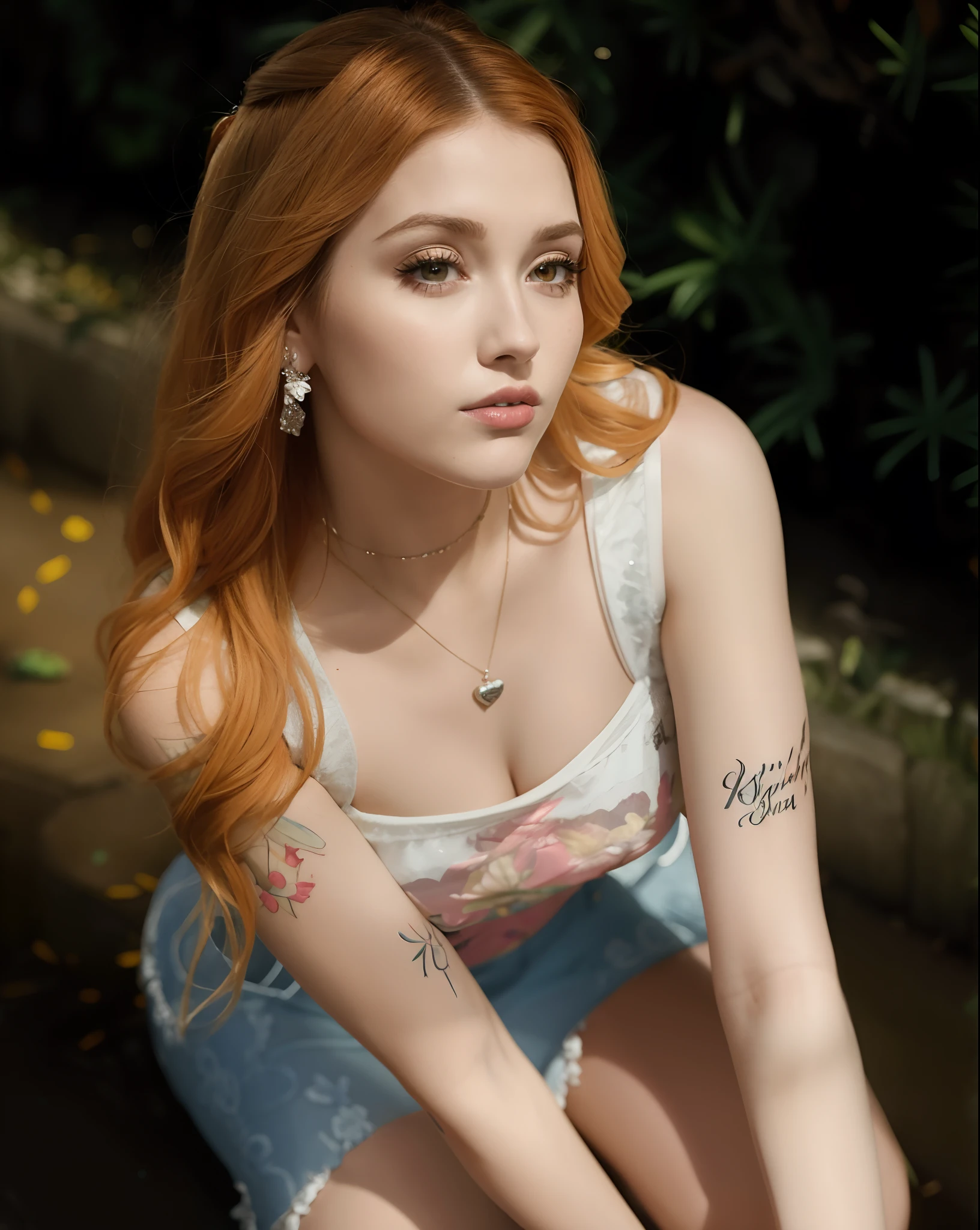 There's a woman with a tattoo on her arm sitting on a bench, Amouranth, jovem Amouranth bonito, inspirado em Elsa Bleda, com tatuagens, pale fair skin!!, Ellie Bamber Fada, mais conhecido como Amouranth, ava max, monia merlo, linda Delphine, Katherine McNamara inspirada, pia sadie, uma jovem ruiva