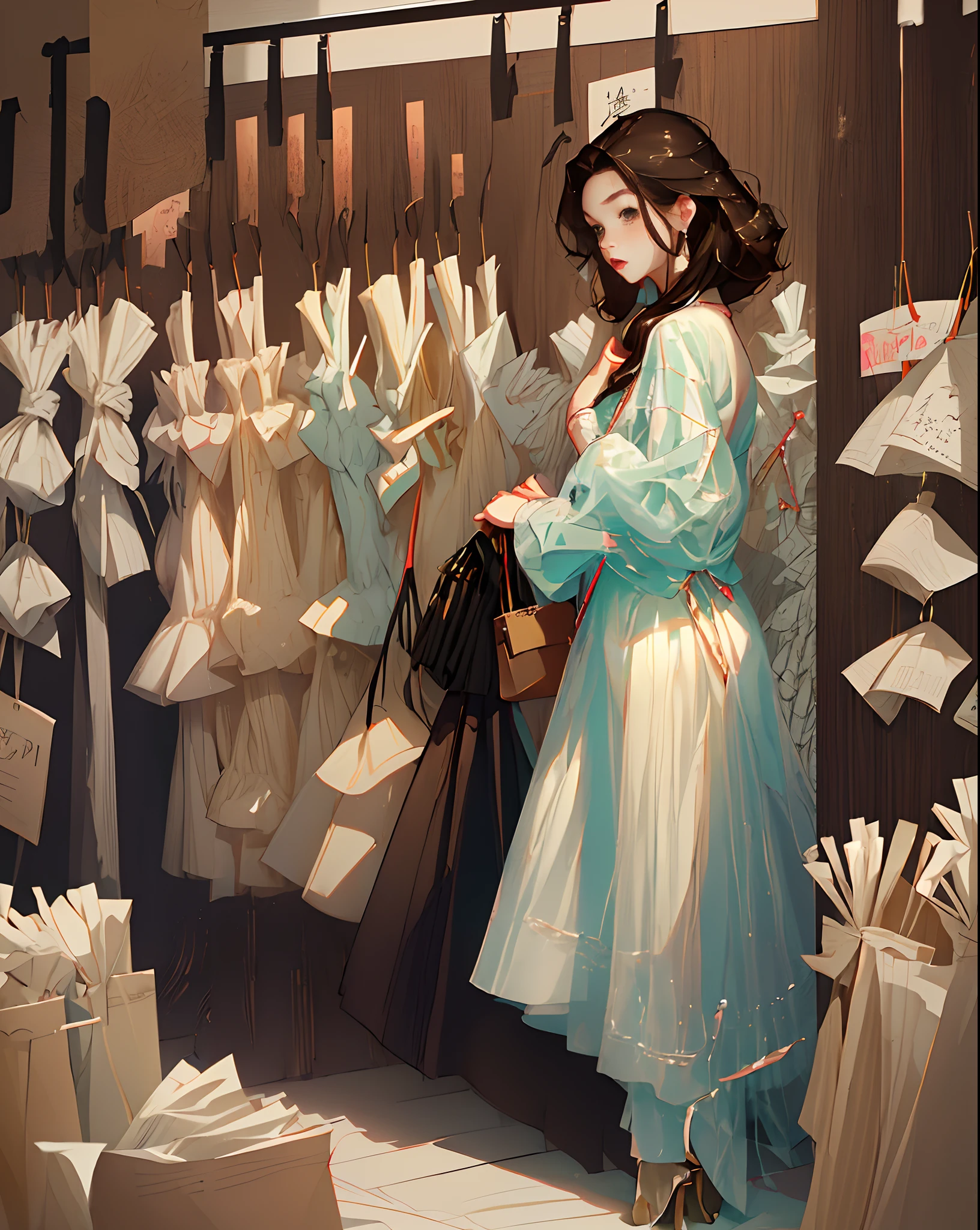 Image of a woman in a luxury dress in a clothing store。Rear view。Hair is long and curly。Adult beautiful woman。Brown hair。I have a lot of paper bags。bow ribbon。
