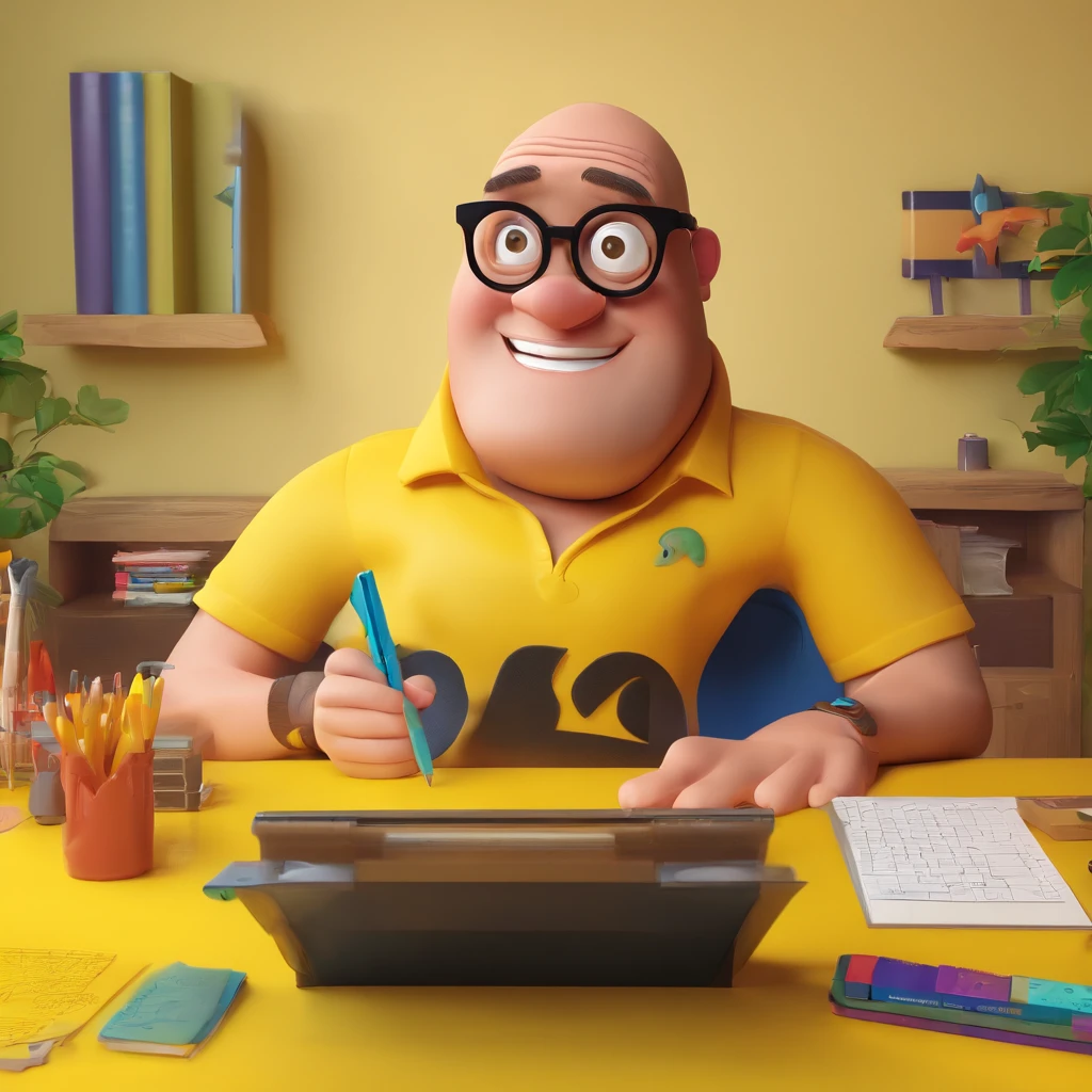 Crie um cartaz inspirado na Disney Pixar com o personagem sendo o pastor Rubens Janier, A bald man with a short beard wearing glasses, In an office with a notebook on the desk and a printer in the background a yellow wall