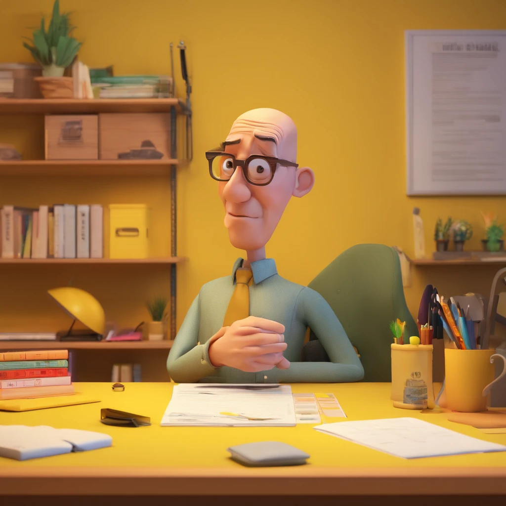 Crie um cartaz inspirado na Disney Pixar com o personagem sendo o pastor Rubens Janier, A bald man with a short beard wearing glasses, In an office with a notebook on the desk and a printer in the background a yellow wall