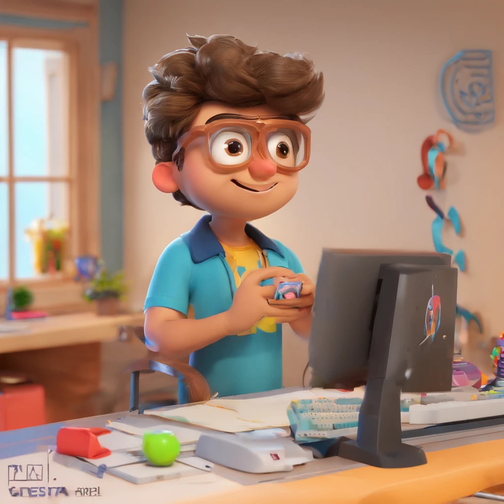 Criar um personagem no estilo Pixar. Trata-se de um homem de 30 anos, com barba, Branco, com cabelos castanhos curtos e um quiff, e olhos castanhos. Ele deve estar na frente de um computador, Trabalhar como designer