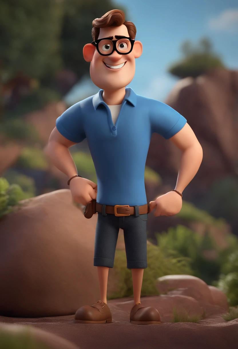 Cartoon character of a man with black glasses and a blue shirt, animation character, Caractere estilizado, animation style rendering, 3D estilizado, Arnold Maya render, 3 d render stylized, toon render keyshot, Personagem 3D, Personagem 3D, 3d rendering stylized, 3 d character render, personagem de desenho animado, Personagem de close up, Pose de personagem,  (Estilo Pixar) (master part:1.2) (Bokeh) (best quality) (pele detalhada) (textura detalhada) (8k) (argila) (Cinematic lighting) (foco nítido