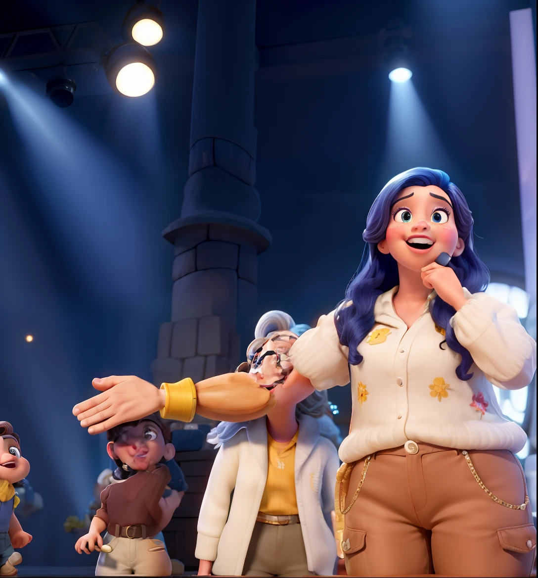 Qualidade Superior, master part, High definition of the Disney Pixar universe,1girl, Rosto bonito e perfeito, cabelos compridos, Roupas tons alaranjados e branco, cinematic feel, 8k, Very detailed, show, cores vibrantes, luzes, palco, microphone in hand, cantando.