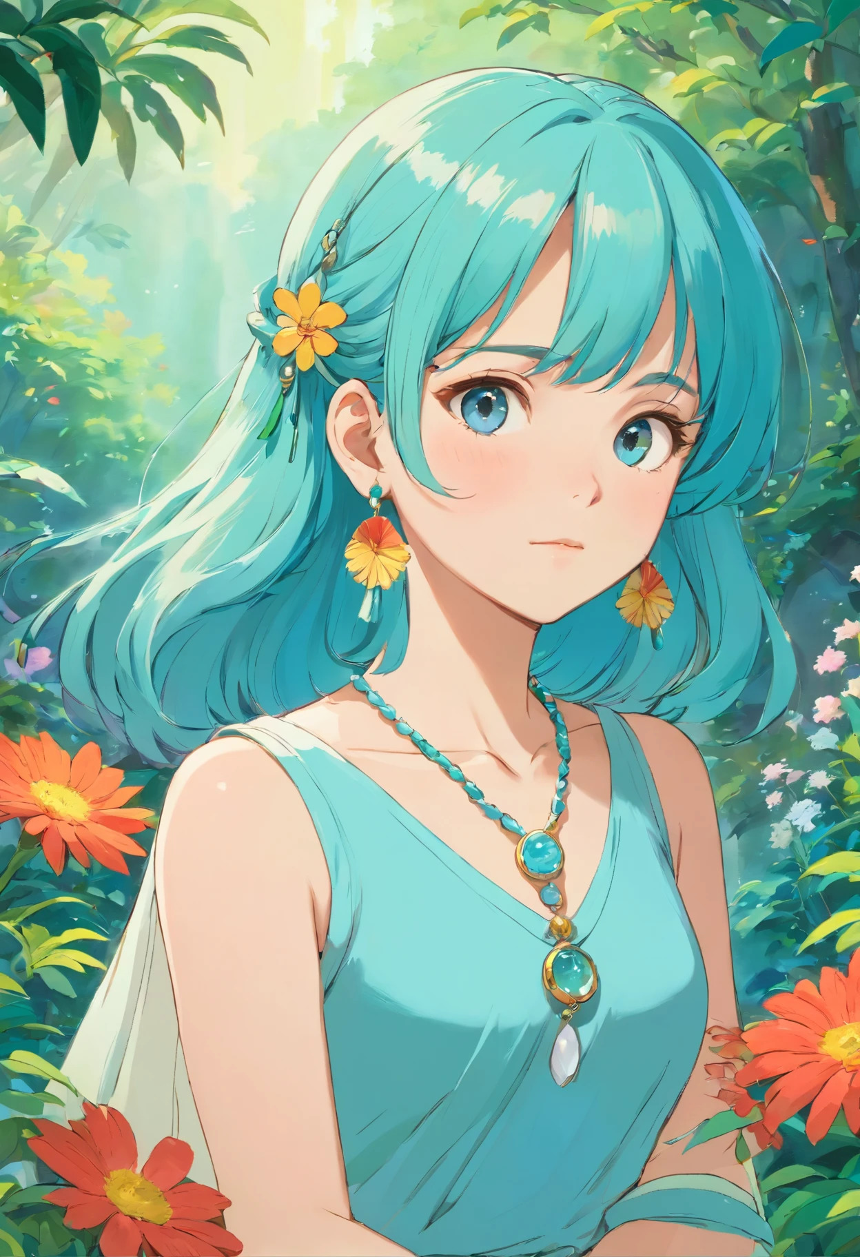 Girl in an anime collar, Long necklaces and earrings, In the style of a tranquil garden landscape, colorful animation stills, Masami Teraoka, aquamarine, paul gauguin, Embry style, Honest portrayal
