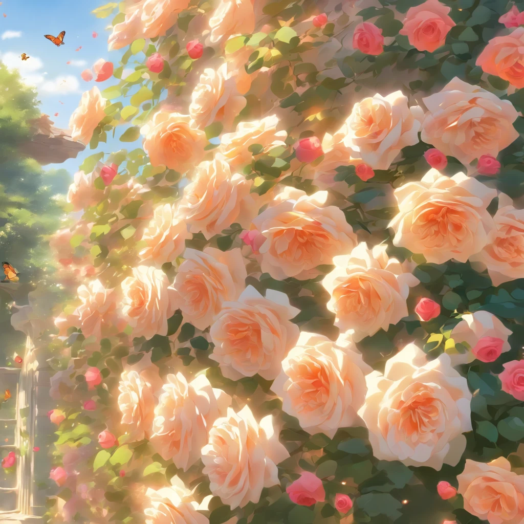 highres,ultra-detailed,beautiful rose garden,masterpiece:1.2,romantic,fragrant flowers,vibrant colors,lush greenery,sunshine streaming through leaves,soft breeze,rustling petals,splendid blooms,delicate petals,lively butterflies,bees buzzing,pollen filled air,nature's symphony,serene atmosphere,quiet solitude,botanical paradise,intricate textures,gorgeous flora,exquisite botanical art,dreamlike ambiance,alive with nature's beauty,artistic composition,ethereal beauty,long shadows,dappled sunlight,majestic backdrop,endless rows of roses,captivating visual spectacle,dazzling display of nature's splendor