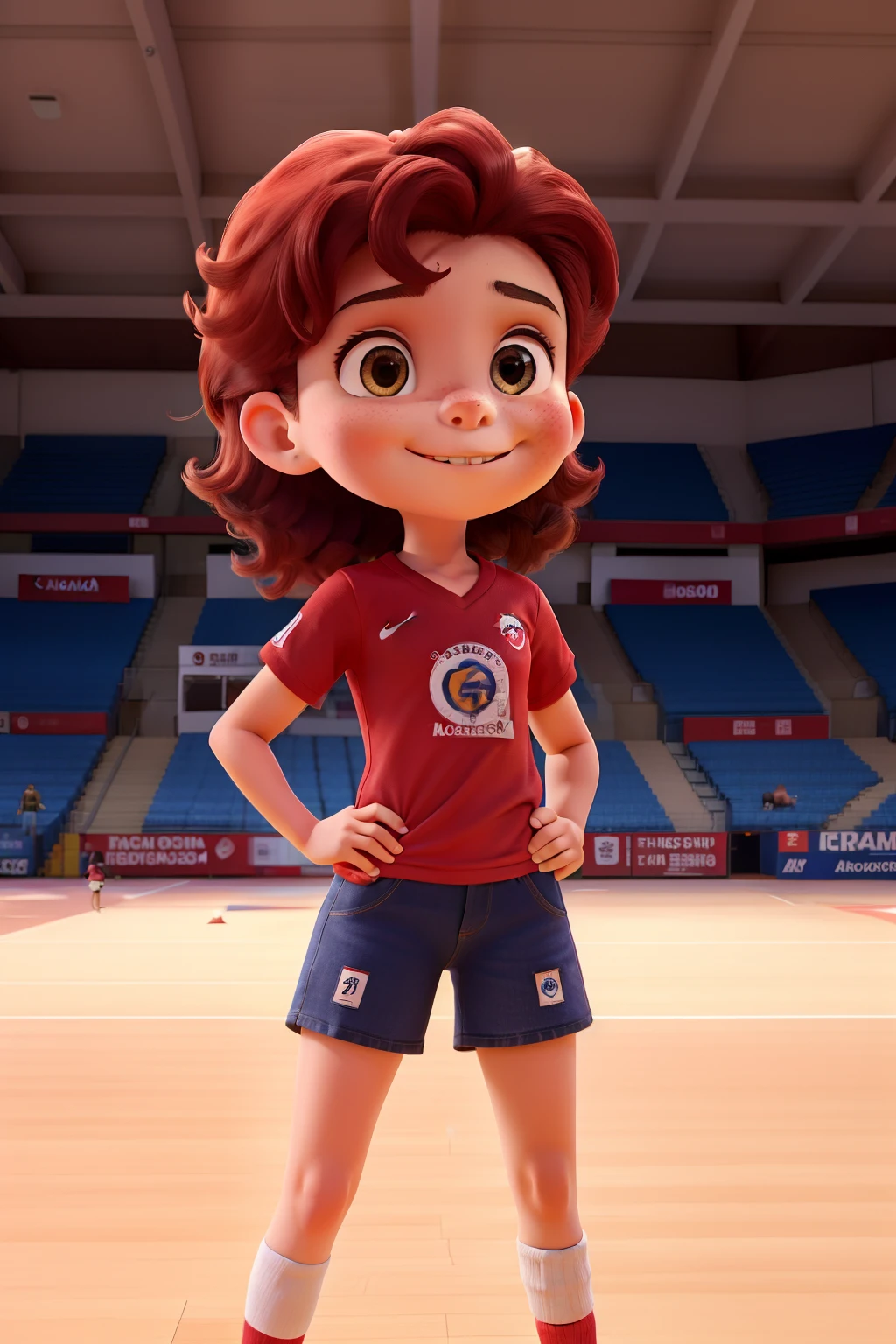 A -year girlild, cabeacheados, camiseta vermelha e saia, cabelos cacheados, in a sports hall, exibindo a medalha que ganhou no torneio