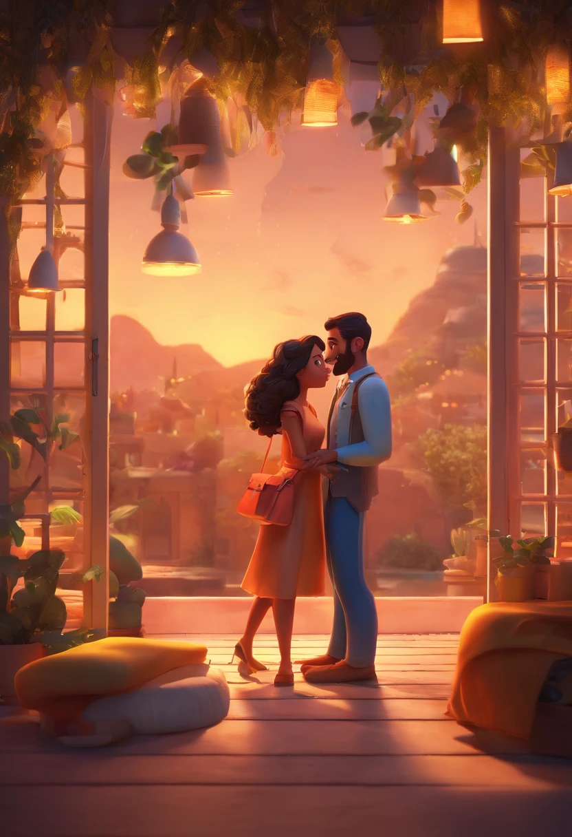 An illustration of an adorable couple, Destacando um homem e uma mulher com beleza, Expressive eyes – the man's hair is straight and brown and he has a mustache and goatee , While the woman's hair is tied in a bun and blonde. They are a bright space, Todos com um sorriso no rosto, e compartilhe um momento especial, That is marked by love, viagem, and pedagogical insights. Ilustre esta cena a partir de uma perspectiva, where they're facing away from the camera, Show Your Connection. Desenvolva esta arte em Full HD, Focus on your cinematic touch, Estilo Disney Pixar Animations