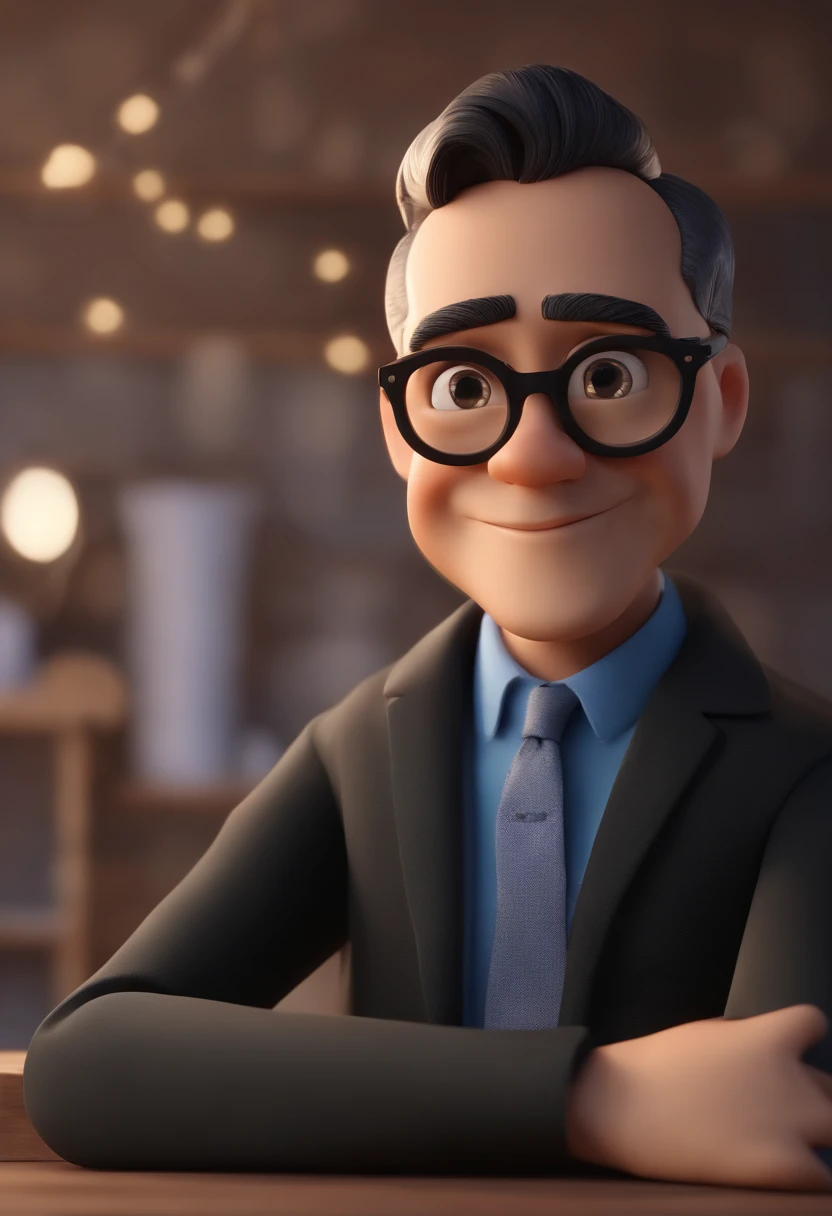 Cartoon character of a man wearing black glasses and a blue shirt, um personagem animado, Caractere estilizado, animation style rendering, 3D estilizado, Arnold Maya render, 3 d render stylized, toon render keyshot, Personagem 3D, Personagem 3D, 3d rendering stylized, 3 d character render, personagem de desenho animado, Personagem de close up, Pose de personagem, (Estilo Pixar) (master part:1.2) (Bokeh) (best quality) (pele detalhada) (textura detalhada) (8k) (argila) (Cinematic lighting) (foco nítido，Senta e vaza a parte superior do corpo