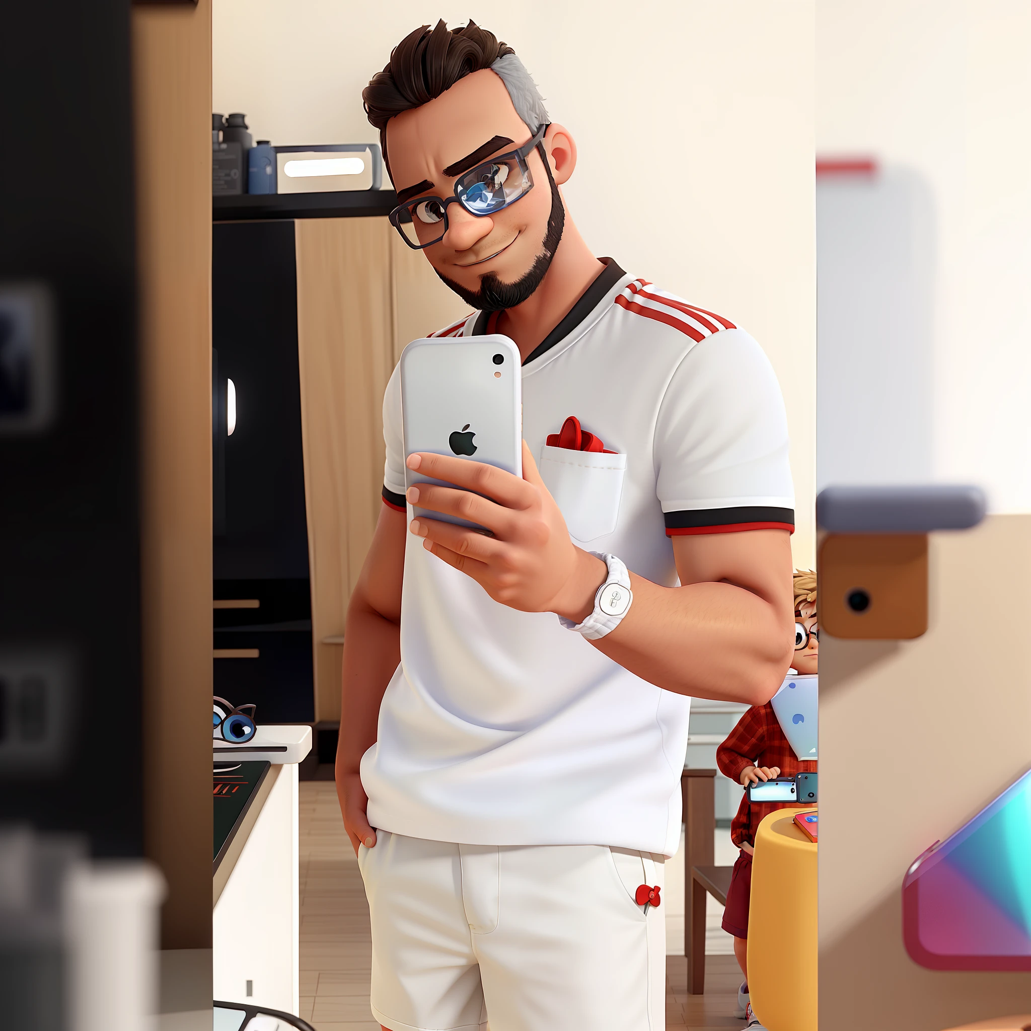 Boy in white Flamengo shirt taking selfie with iPhone 11 in mirror with mirrored glasses, small beard and with his hand in the pocket of his white shorts with the background of the Disney Pixar photo with the title Gab