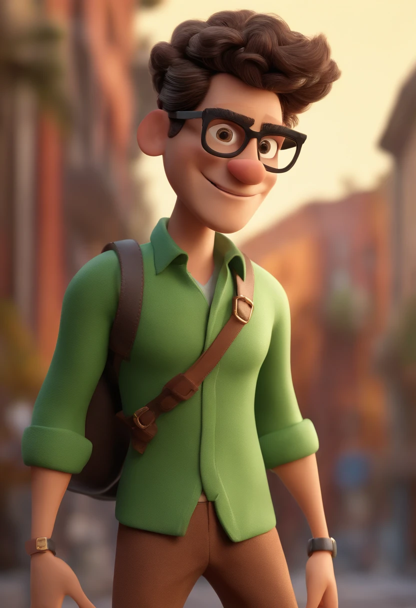 Cartoon character of a man with black glasses, uma camisa verde, cabelo liso, pele cor clara, correndo ao ar livre, animation character, Caractere estilizado, animation style rendering, 3D estilizado, Arnold Maya render, 3 d render stylized, toon render keyshot, Personagem 3D, Personagem 3D, 3d rendering stylized, 3 d character render, personagem de desenho animado, Personagem de close up, Pose de personagem, (Estilo Pixar) (master part:1.2) (Bokeh) (melhor qualidade) (pele detalhada) (textura detalhada) (8k) (argila) (Cinematic lighting) (foco nítido