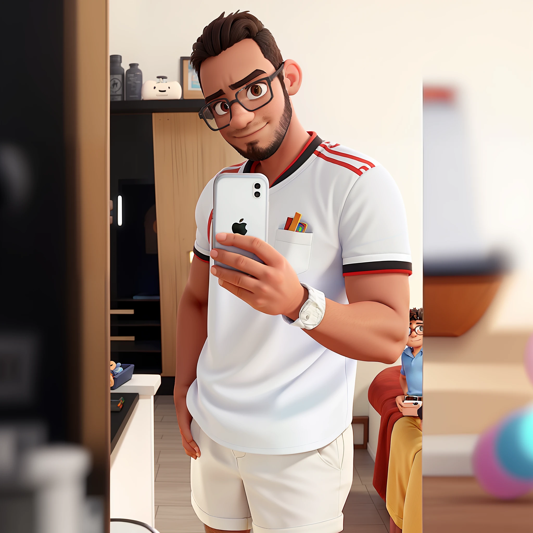 Boy in white Flamengo shirt taking selfie with iPhone 11 in mirror with mirrored glasses, small beard and with his hand in the pocket of his white shorts with the background of the Disney Pixar photo with the title Gab