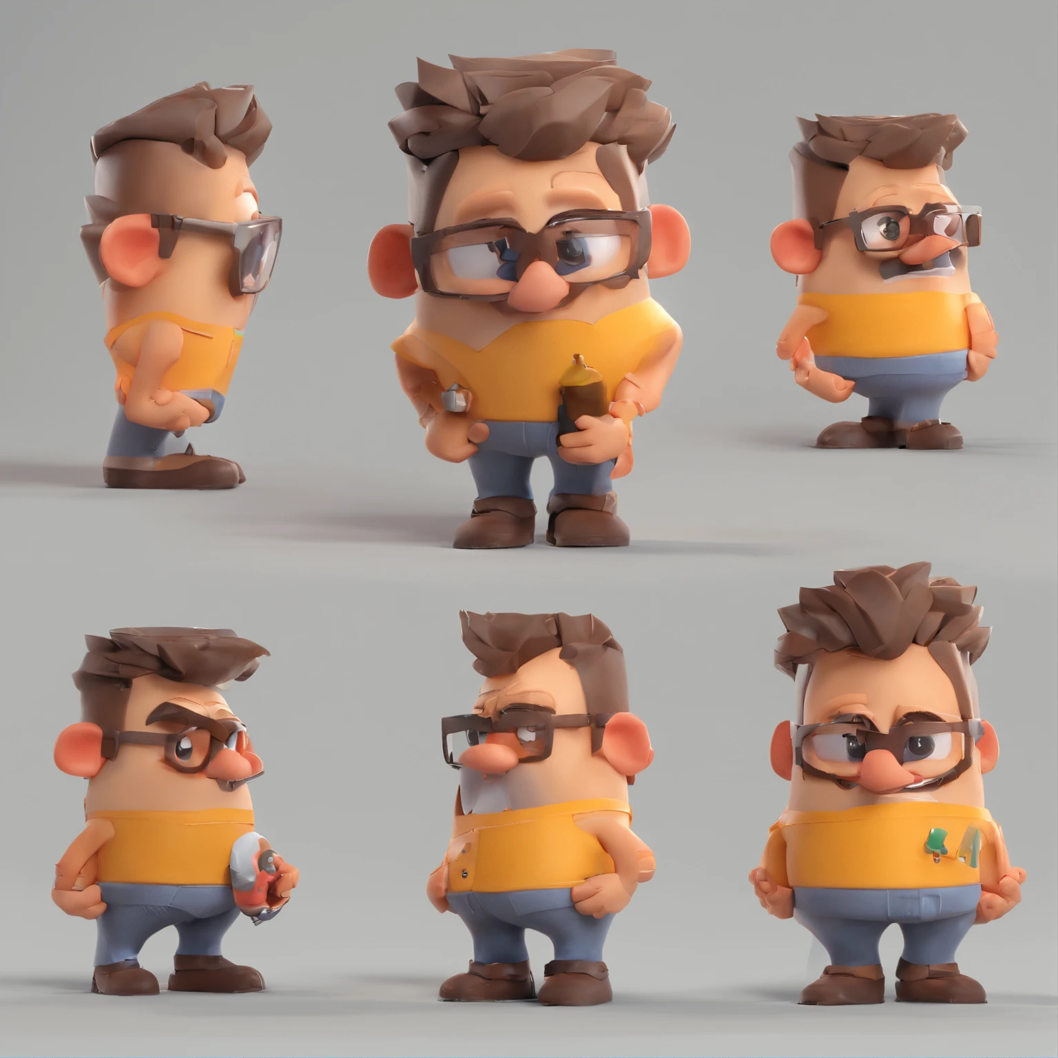 Criar um personagem no estilo Pixar. Trata-se de um homem de 30 anos, com barba, Branco, com cabelos castanhos curtos e um quiff, e olhos castanhos. Ele deve estar na frente de um computador, Trabalhar como designer