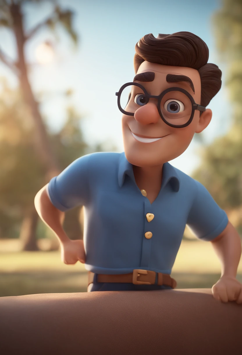 Cartoon character of a man with black glasses and a blue shirt, animation character, Caractere estilizado, animation style rendering, 3D estilizado, Arnold Maya render, 3 d render stylized, toon render keyshot, Personagem 3D, Personagem 3D, 3d rendering stylized, 3 d character render, personagem de desenho animado, Personagem de close up, Pose de personagem,  (Estilo Pixar) (master part:1.2) (Bokeh) (best quality) (pele detalhada) (textura detalhada) (8k) (argila) (Cinematic lighting) (foco nítido