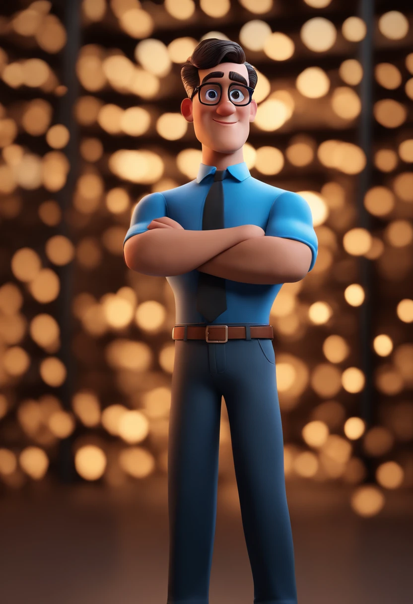 Cartoon character of a man with black glasses and a blue shirt, animation character, Caractere estilizado, animation style rendering, 3D estilizado, Arnold Maya render, 3 d render stylized, toon render keyshot, Personagem 3D, Personagem 3D, 3d rendering stylized, 3 d character render, personagem de desenho animado, Personagem de close up, Pose de personagem, (Estilo Pixar) (master part:1.2) (Bokeh) (best quality) (pele detalhada) (textura detalhada) (8k) (argila) (Cinematic lighting) (foco nítido