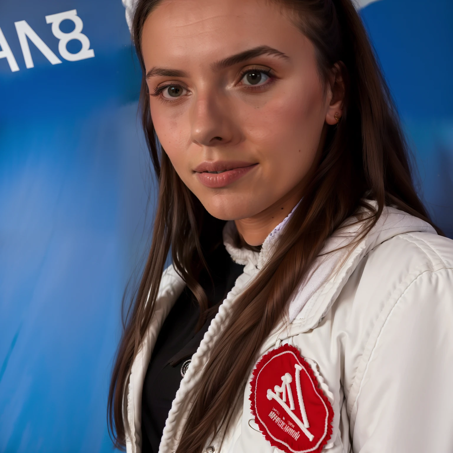 woman in white jacket posing for a picture in front of a blue wall, alina ivanchenko, aleksandra waliszewska, anastasia ovchinnikova, viktoria gavrilenko, wearing a white gi, angelina stroganova, fernanda suarez, mina petrovic, maria panfilova, anna nikonova, caroline gariba, dasha taran