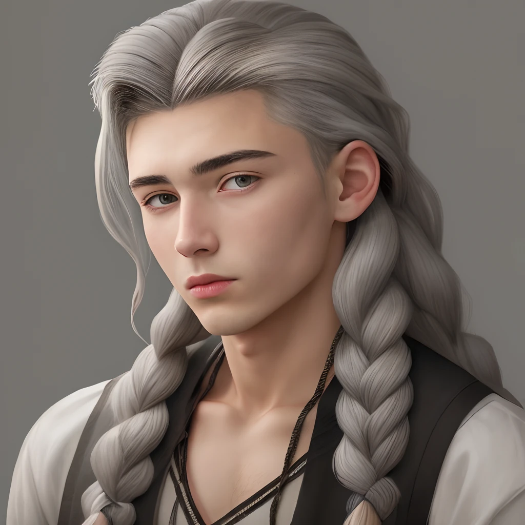 20 year old man with long gray braided hair realistic human