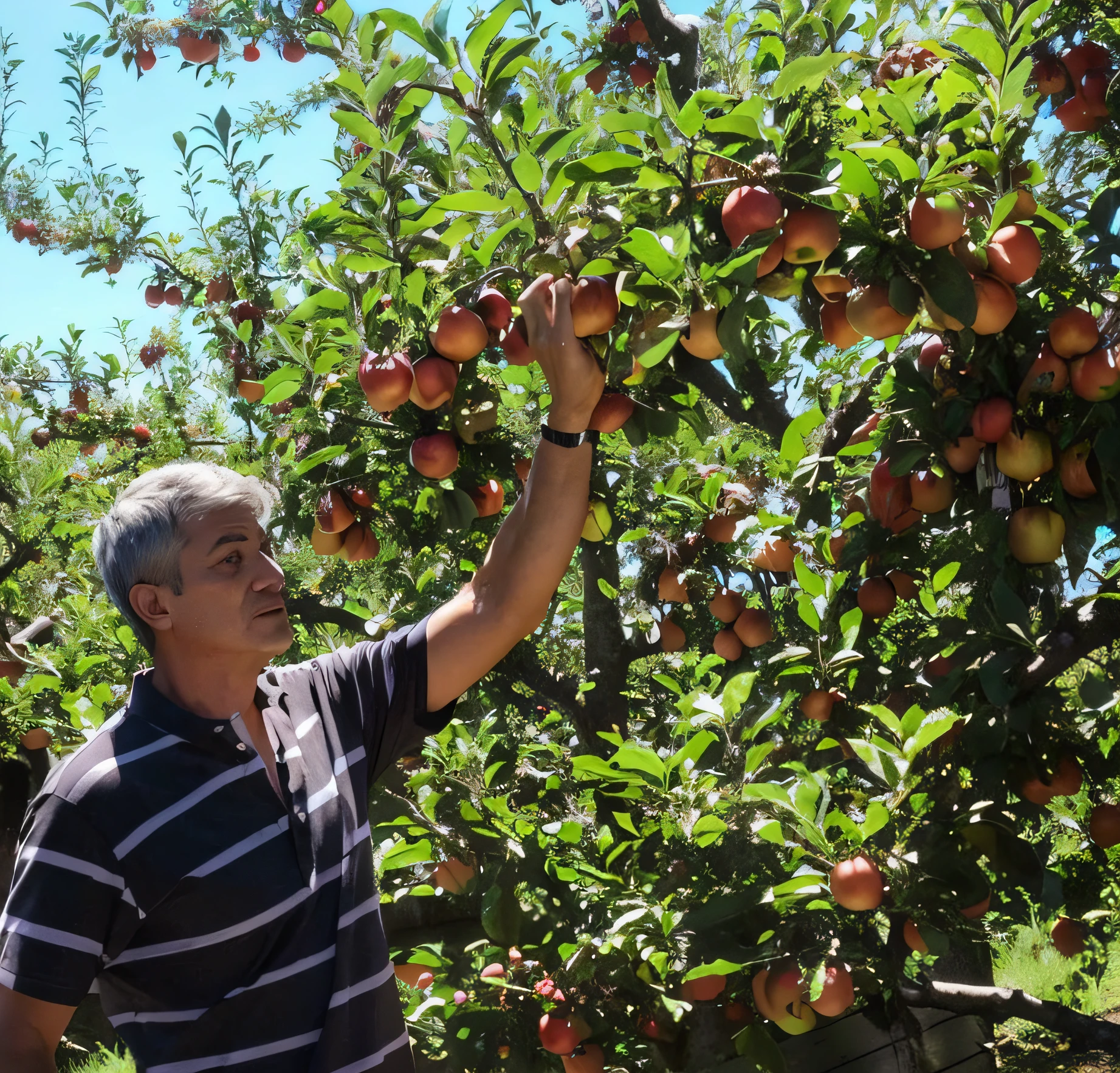 Arafed man picking apples from a tree in an orchard, picking apples from a tree, standing in an apple orchard, apple trees, apple tree, 3 4 5 3 1, holding an apple, cintura alta, fruit trees, visual deslumbrante, elaborate composition, Directed by: Thomas Tudor, with fruit trees, amazing quality, Dennis Velleneuve, Directed by: Kathleen Scott, red apples