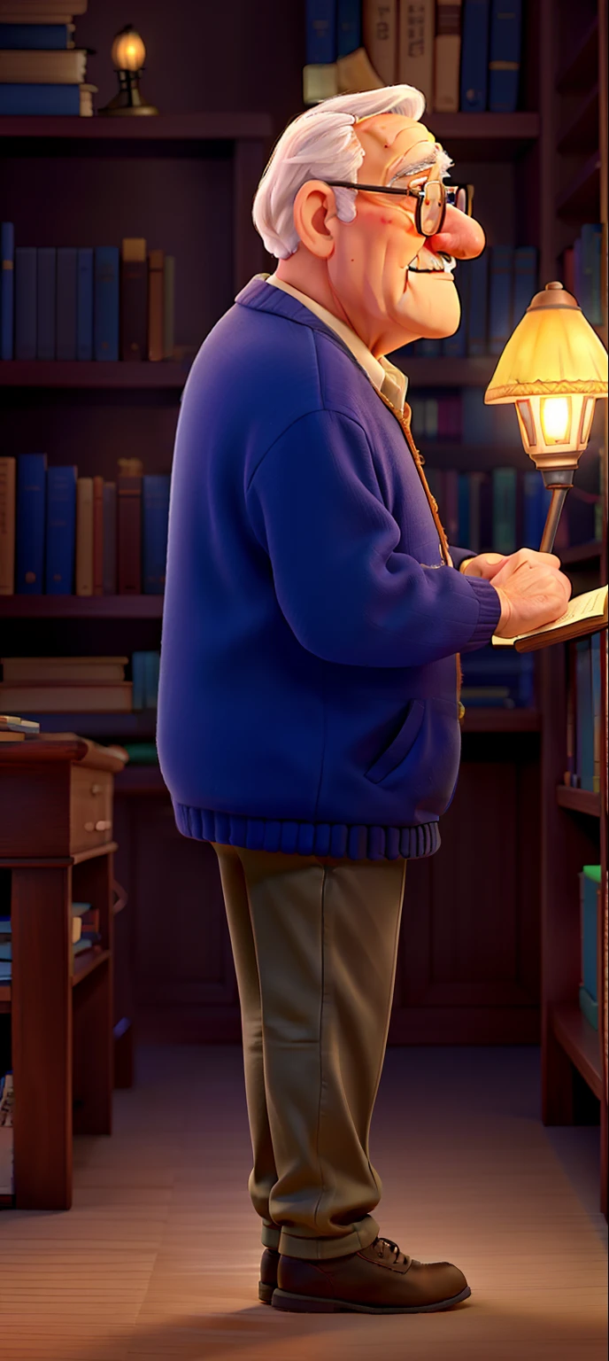 A wise old man standing in front, illuminated by the light of a lamp, against the backdrop of a library