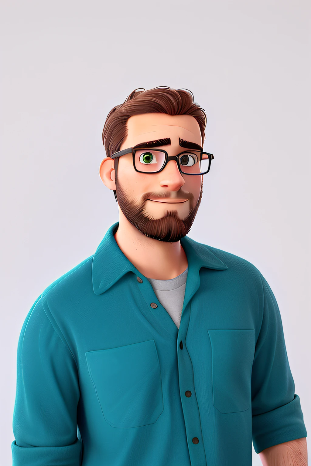 30 year old man with glasses and light brown hair and dark green realistic eyes and beard. The fund should refer to technology