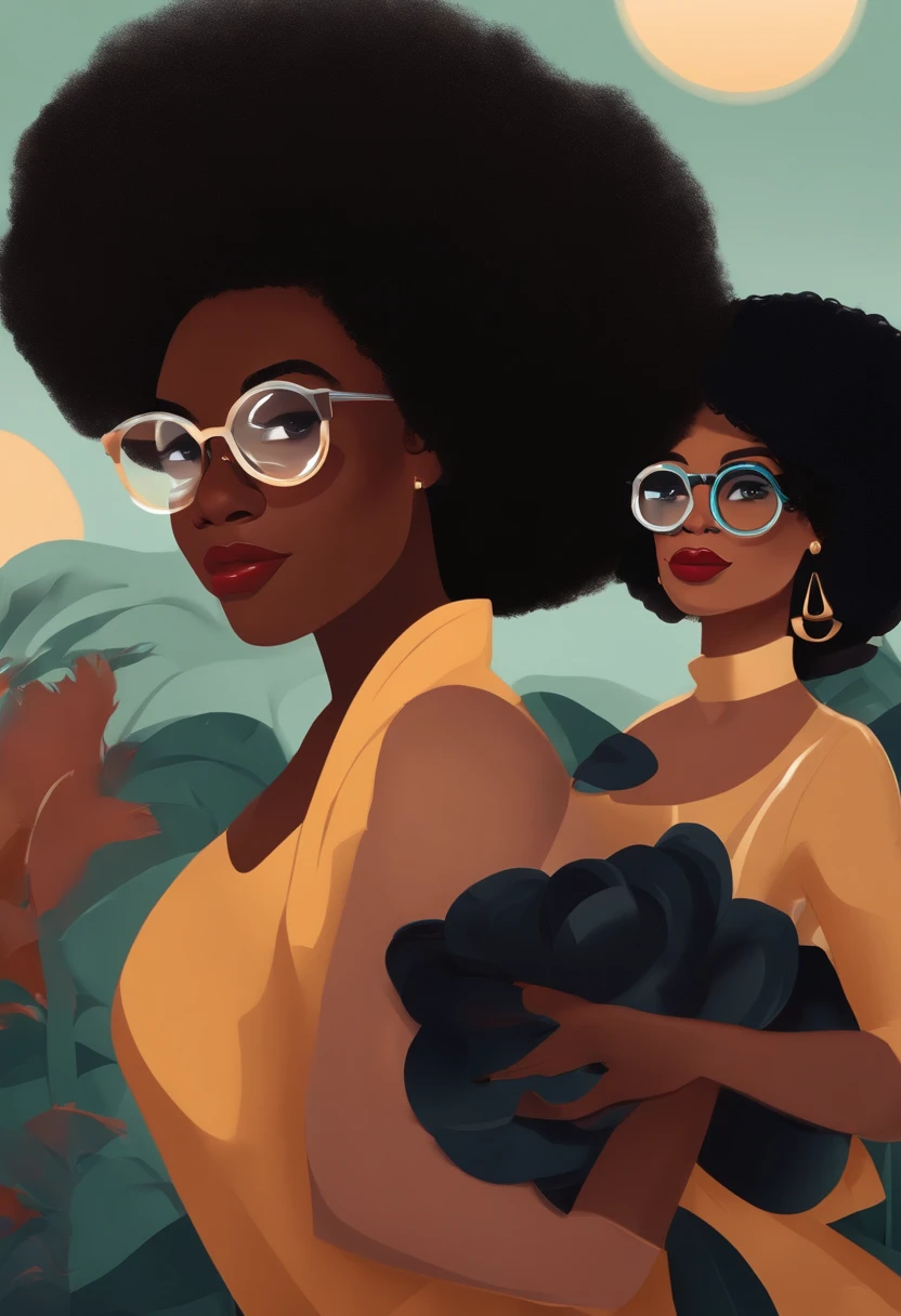create a Disney Pixar style poster couple of two women, um branco com cabelo raspado preto cacheado, olhos castanhos, camisa preta. A outra mulher tem short, cabelo afro curto, pele escura, round glasses black