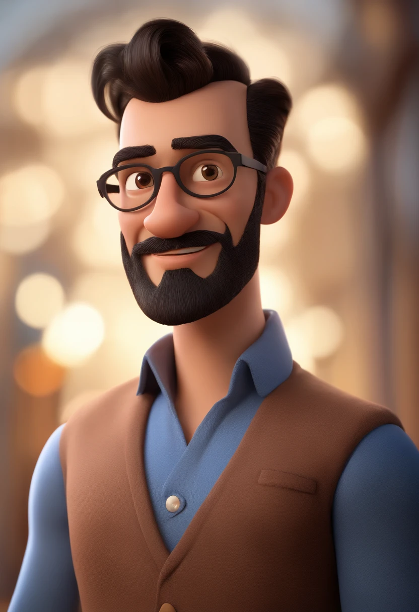Cartoon character of a man with black glasses and short, bald beard and a blue shirt, animation character, Caractere estilizado, animation style rendering, 3D estilizado, Arnold Maya render, 3 d render stylized, toon render keyshot, Personagem 3D, Personagem 3D, 3d rendering stylized, 3 d character render, personagem de desenho animado, Personagem de close up, Pose de personagem, (Estilo Pixar) (master part:1.2) (Bokeh) (best quality) (pele detalhada) (textura detalhada) (8k) (argila) (Cinematic lighting) (foco nítido