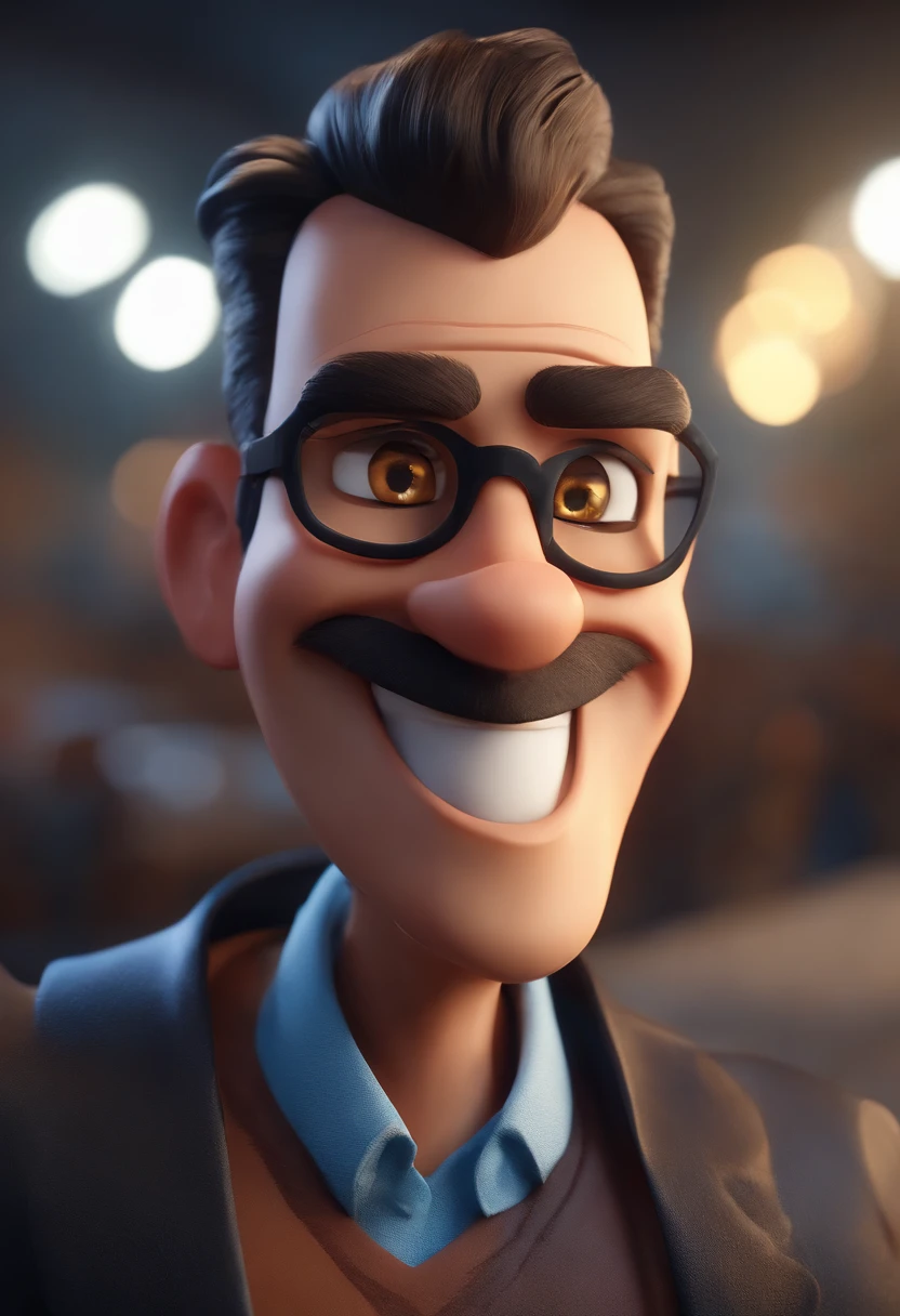 Cartoon character of a man with black glasses, cabelo cacheado marrom escuro e uma camisa azul, animation character, Caractere estilizado, animation style rendering, 3D estilizado, Arnold Maya render, 3 d render stylized, toon render keyshot, Personagem 3D, Personagem 3D, 3d rendering stylized, 3 d character render, personagem de desenho animado, Personagem de close up, Pose de personagem,  (Estilo Pixar) (master part:1.2) (Bokeh) (best quality) (pele detalhada) (textura detalhada) (8k) (argila) (Cinematic lighting) (foco nítido