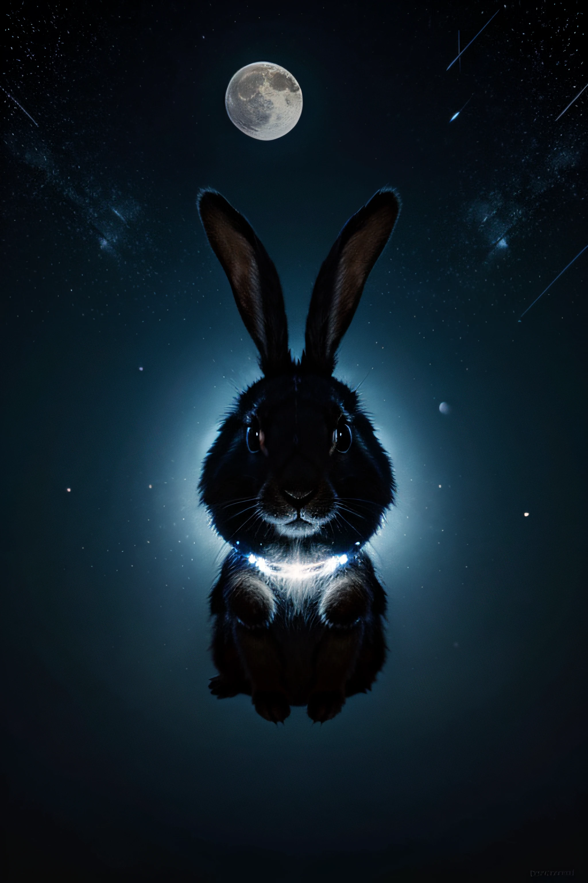 A rabbit in space full of stars with the moon behind