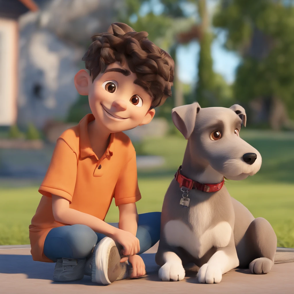 Lucas is a smiling -yeld hu boy, com seu fiel amigo, Bolt, o cachorro schnauzer, deitados no jardim