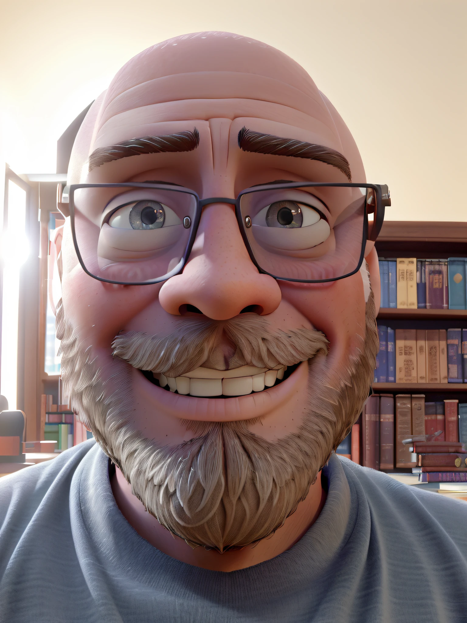 (bald man,smiling,beard-free:0.9,library background),realistic,[portrait,professional],(best quality,4k,highres,masterpiece:1.2),vivid colors,warm tones,(subtle,soft) lighting