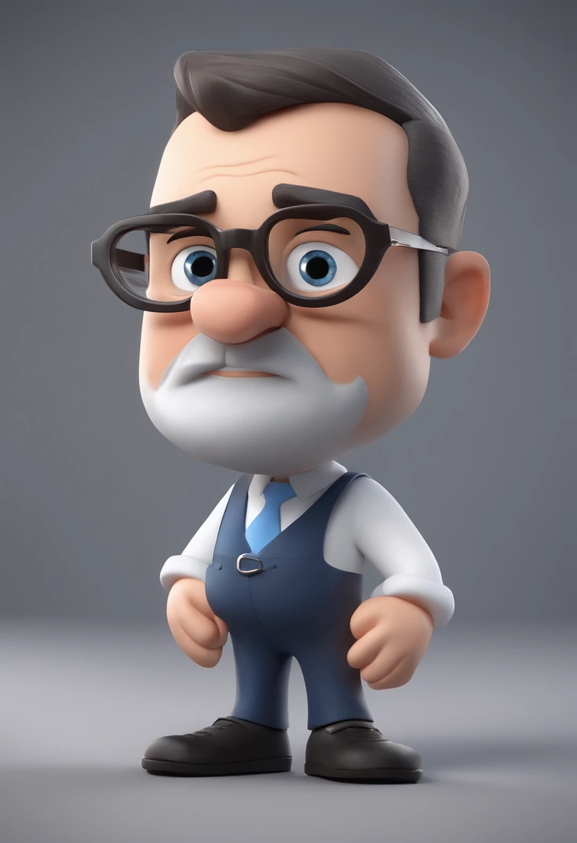 Cartoon character of a man with black glasses, pouco cabelo calvo, cor preto e branco  e uma camisa azul, animation character, Caractere estilizado, animation style rendering, 3D estilizado, Edson render, 3 d render stylized, toon render keyshot, Personagem 3D, Personagem 3D, 3d rendering stylized, 3 d character render, personagem de desenho animado, Personagem de close up, Pose de personagem,  (Estilo Pixar) (master part:1.2) (Bokeh) (best quality) (pele detalhada) (textura detalhada) (8k) (argila) (Cinematic lighting) (foco nítido)
