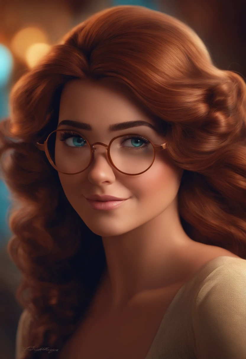 Imagem estilo Pixar com personagem mulher de cabelos ondulados e olhos castanhos, com 9 calopsitas
