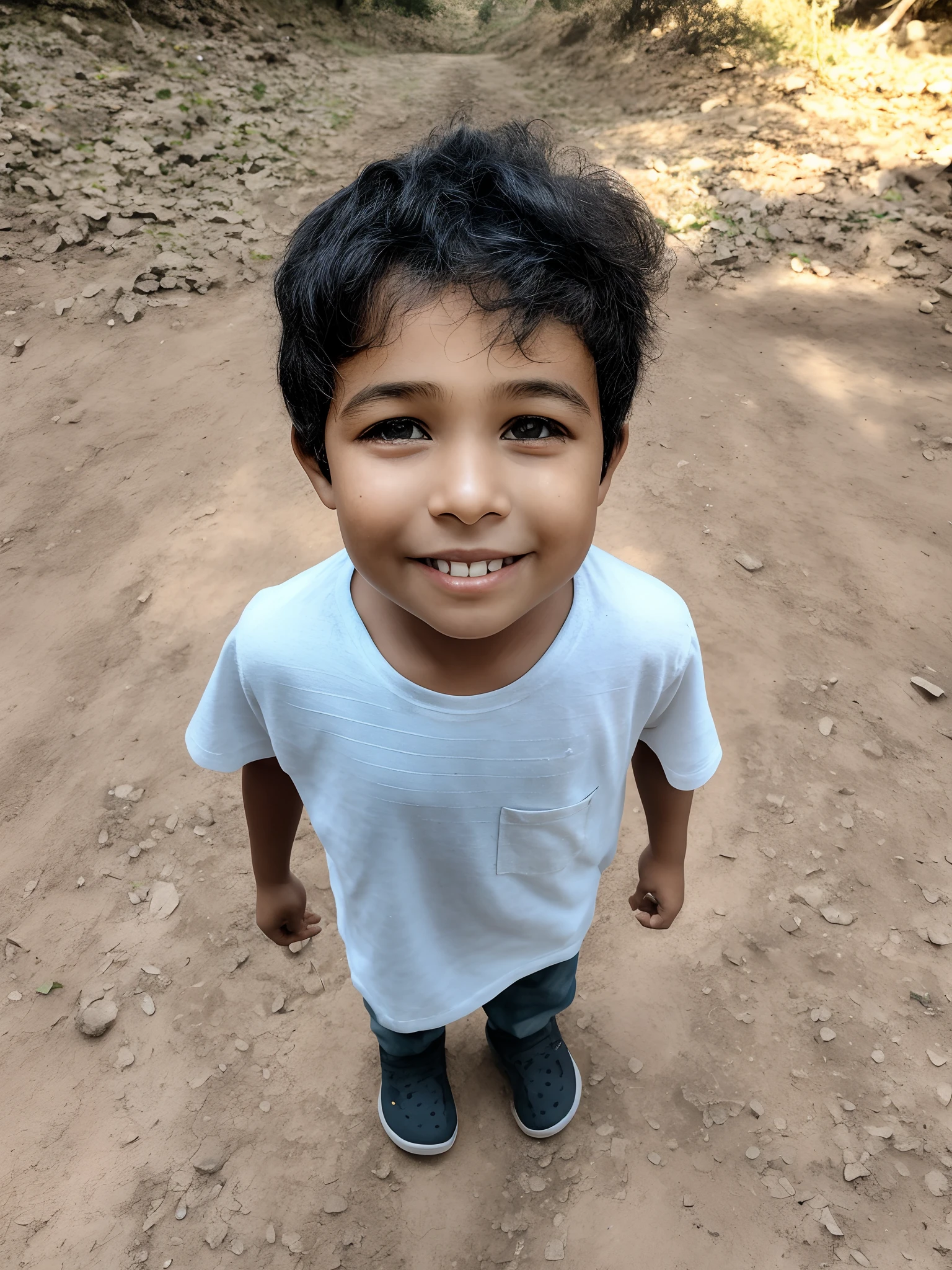 There's a boy standing on a dirt road smiling, menino com rosto neutro, happily smiling at the camera, , smiling at camera, na floresta da selva, Jayison Devadas, with a happy expression, staring directly at camera, menino novo, Tomado com Sony Alpha 9, looking-into-camera, garoto feliz, 2 anos, looking-into-camera