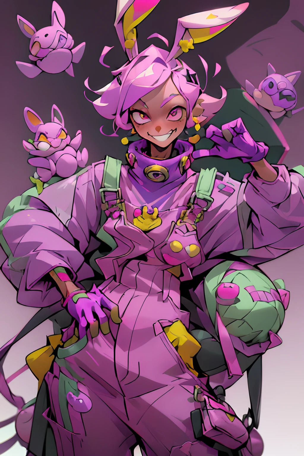 kpop boy wearing a soft purple turtle neck outfit, with a pink fuchsia-colored overalls , yellow gloves, smile with teeth, purple rabbit ear, smirk rizz face, attractive pose cannot be ressist