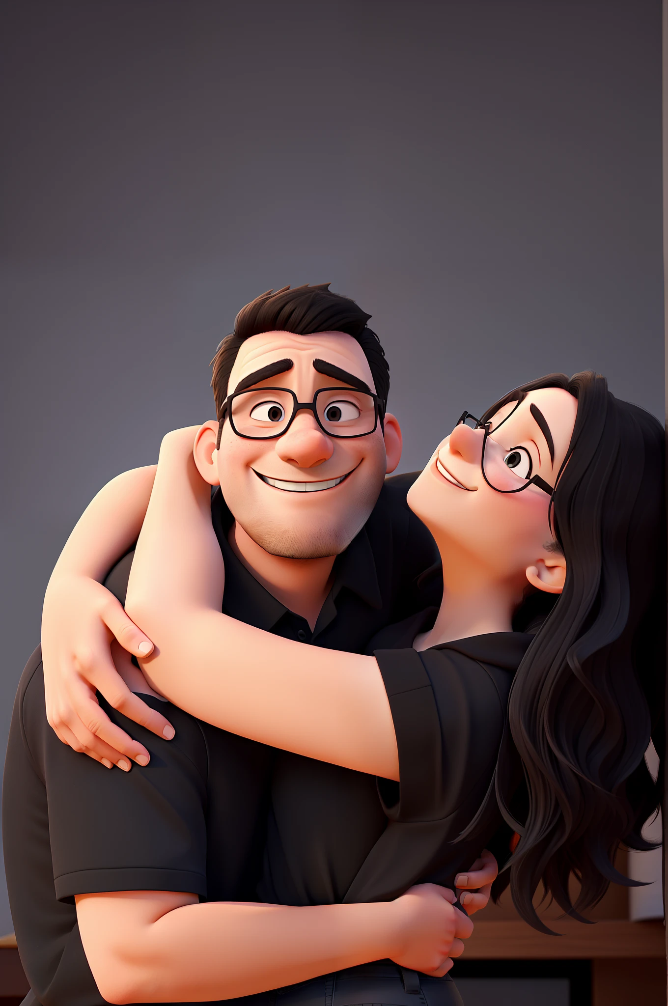 Create a better quality masterpiece of a couple hugging, The man in the black shirt laughing and the woman in the black shirt hugging him