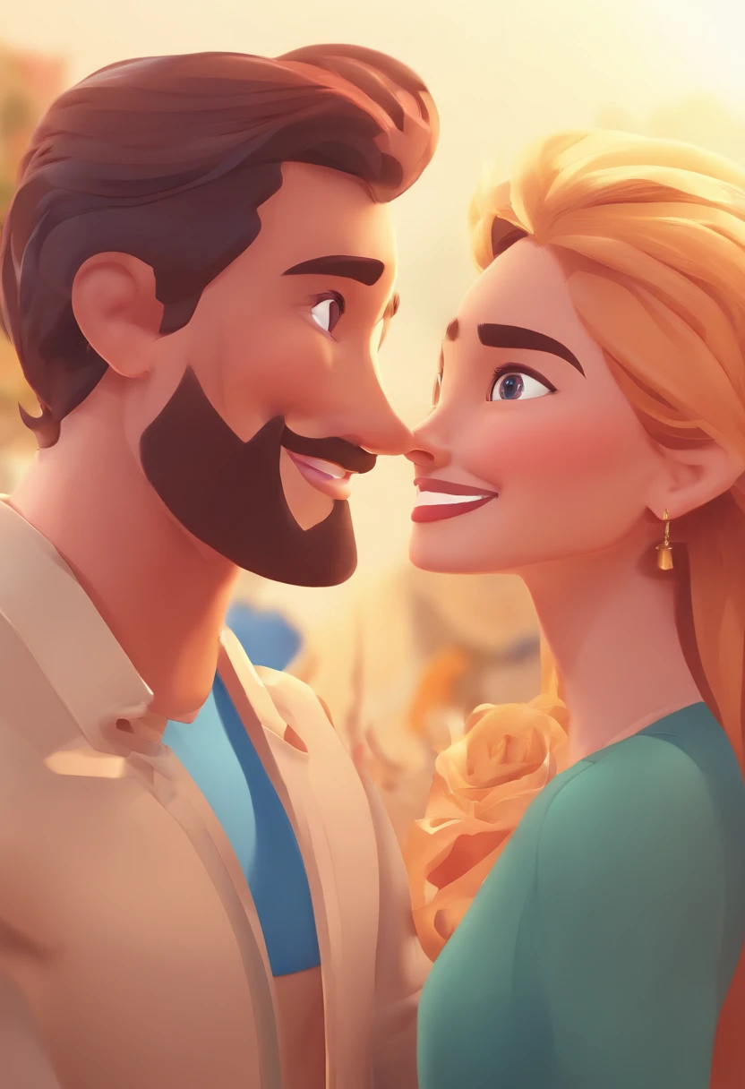 An illustration of an adorable couple, Destaque para um homem mulato de cabelo bem curto, barba e brinco e uma mulher branca, Blonde with beautiful expressive eyes - the man's skin is mulatto and the man's hair is almost bald, while the woman's skin is white and the woman's hair is straight and clored. They are a bright room, cada um com um sorriso no rosto, e compartilhar um momento especial caracterizado pelo amor, Insights. Illustrate this scene from a perspective where they are facing the camera, Smiling and Showing Your Connection. Desenvolva esta arte em Full HD, Focus on your cinematic touch, Estilo Disney Pixar Animations
