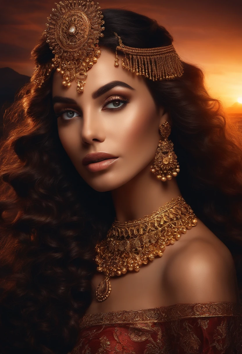 close-up portrait of 1 Persian princess, royal clothes, makeup, jewelry, windblown long hair, honey eyes, symmetrical, desert, ((sands, dust and fog, sandstorm, winds)) bokeh, depth of field , centralized, high detail, (masterpiece, UHD, best quality, 8k)