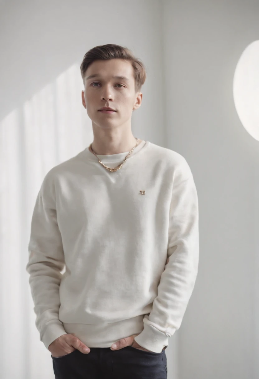 Un homme avec un collier et portant un sweatshirt, Standing facing min, from a white background,