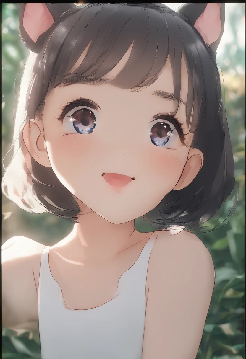 black hair, hair bobbles, wince, longeyelashes, solid circle eyes, fake animal ears, light smile, ear blush, fang, Surrealism, drop shadow, anaglyph, stereogram, tachi-e, pov, atmospheric perspective, cinematic lighting, 8k, super detail, ccurate, best quality, UHD, super detail