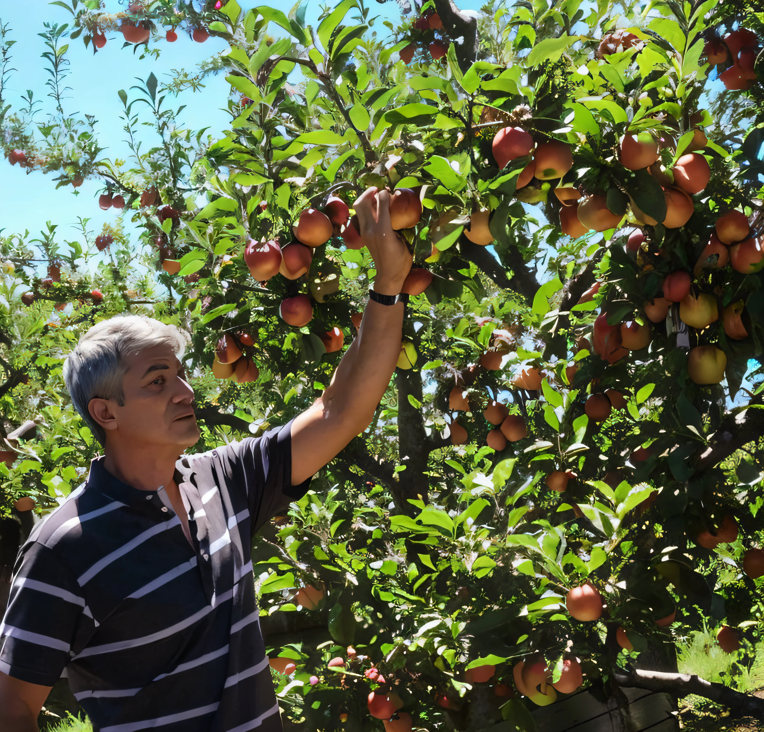 Arafed man picking apples from a tree in an orchard, picking apples from a tree, standing in an apple orchard, apple trees, apple tree, 3 4 5 3 1, holding an apple, cintura alta, fruit trees, visual deslumbrante, elaborate composition, Directed by: Thomas Tudor, with fruit trees, amazing quality, Dennis Velleneuve, Directed by: Kathleen Scott, red apples