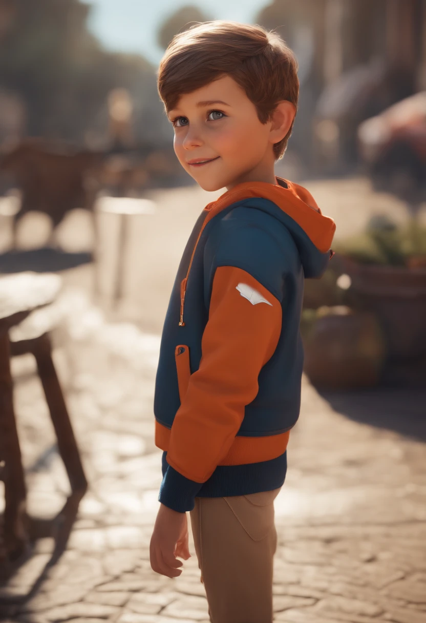 a happy cute kid standing short hair, vestindo uma fantasia espacial, , fundo branco, barnet, Tom, Estilo Pixar, ....3d, desenhos animados, rosto detalhado, asymmetrical 16k