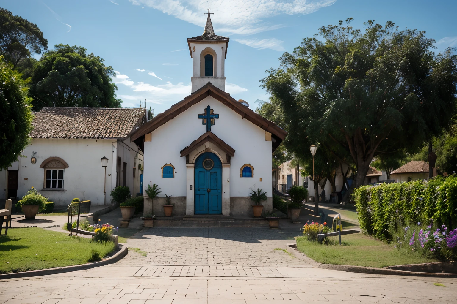 There is a small church with a blue and yellow pew in front, bispo do rosario, town square, Shipibo, imagem central, quadrado, historical setting, Porque Sepulto, igreja no fundo, city of Armenia Quindio, em Chuquicamata, um parque, vista para o solo, arredores da cidade, Village Square. High-resolution image in Pixar style