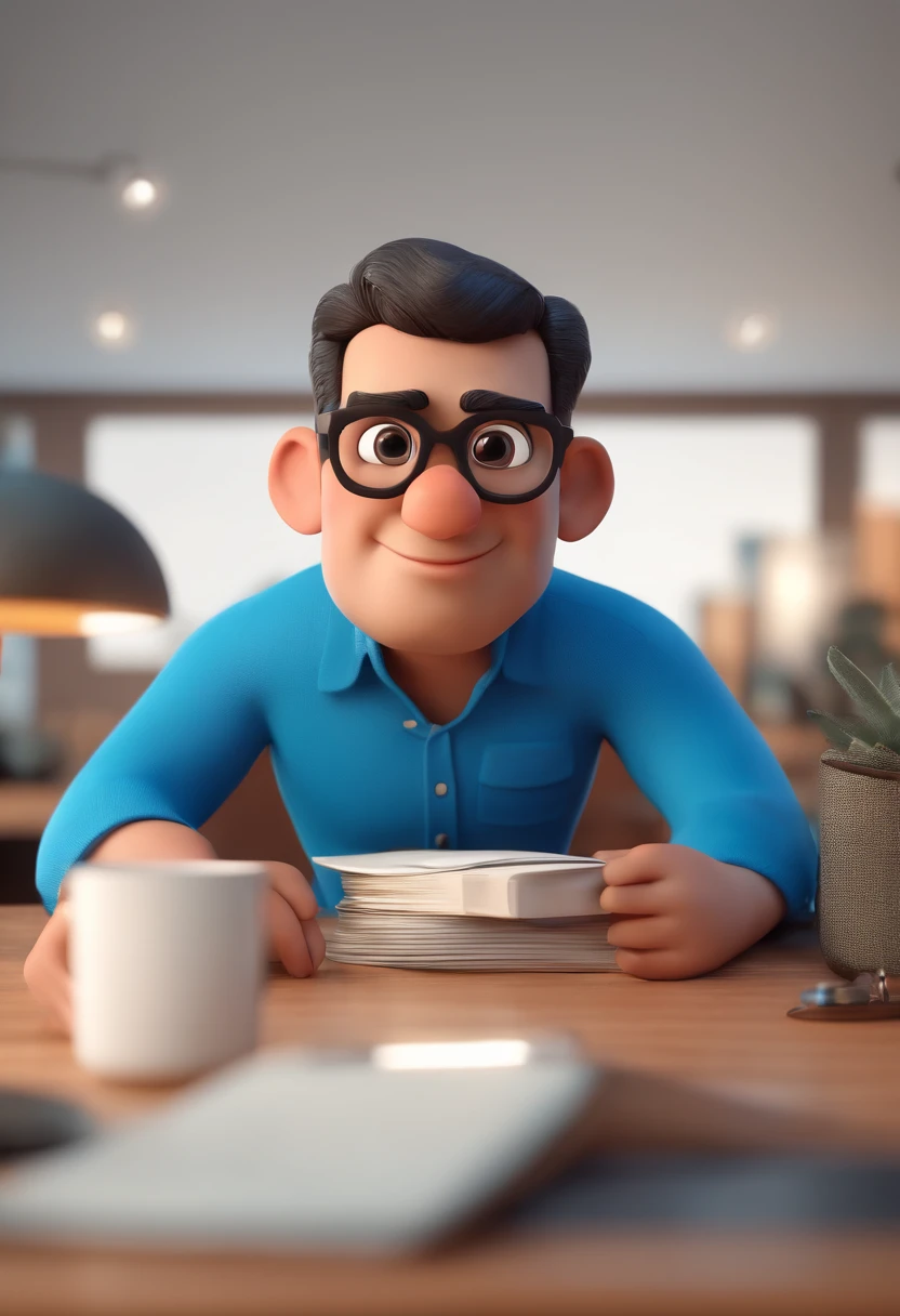 Cartoon character of a man with black glasses and a blue shirt, animation character, Caractere estilizado, animation style rendering, 3D estilizado, Arnold Maya render, 3 d render stylized, toon render keyshot, Personagem 3D, Personagem 3D, 3d rendering stylized, 3 d character render, personagem de desenho animado, Personagem de close up, Pose de personagem, (Estilo Pixar) (master part:1.2) (Bokeh) (best quality) (pele detalhada) (textura detalhada) (8k) (argila) (Cinematic lighting) (foco nítido
