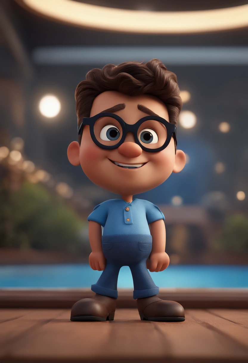 Cartoon character of a man with black glasses and a blue shirt, animation character, Caractere estilizado, animation style rendering, 3D estilizado, Arnold Maya render, 3 d render stylized, toon render keyshot, Personagem 3D, Personagem 3D, 3d rendering stylized, 3 d character render, personagem de desenho animado, Personagem de close up, Pose de personagem, (Estilo Pixar) (master part:1.2) (Bokeh) (best quality) (pele detalhada) (textura detalhada) (8k) (argila) (Cinematic lighting) (foco nítido