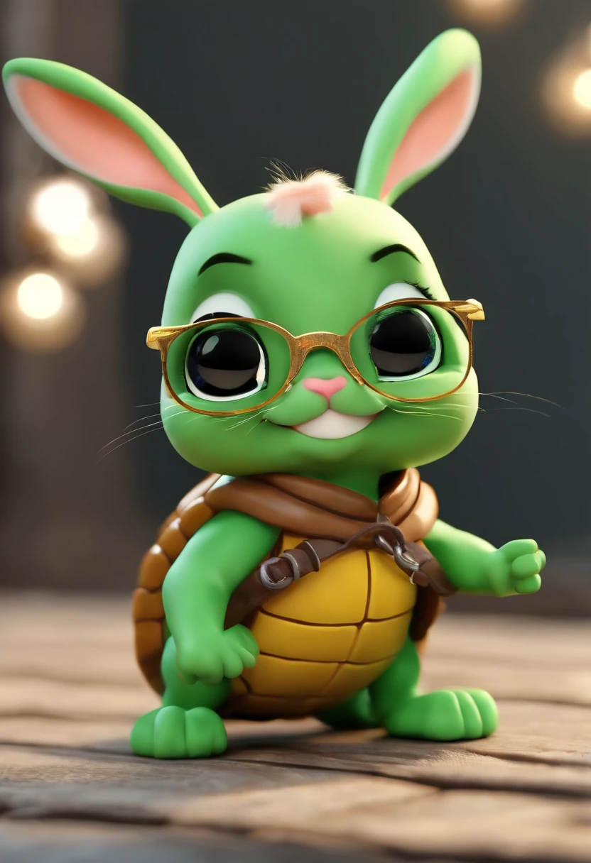 (((Cartoon Character 1.3))),(((A super cute rabbit standing on the back of a turtle))),((The rabbit stands on the back of a green tortoise:1.5)),With a pair of gold wire glasses,Wears a spotted vest on the top,Denim shorts on the bottom,Naughty expression,HD Real,Black eyes,Flying figure,HD picture,Sony SLR lens,Shoot at medium distance,Soft lighting,